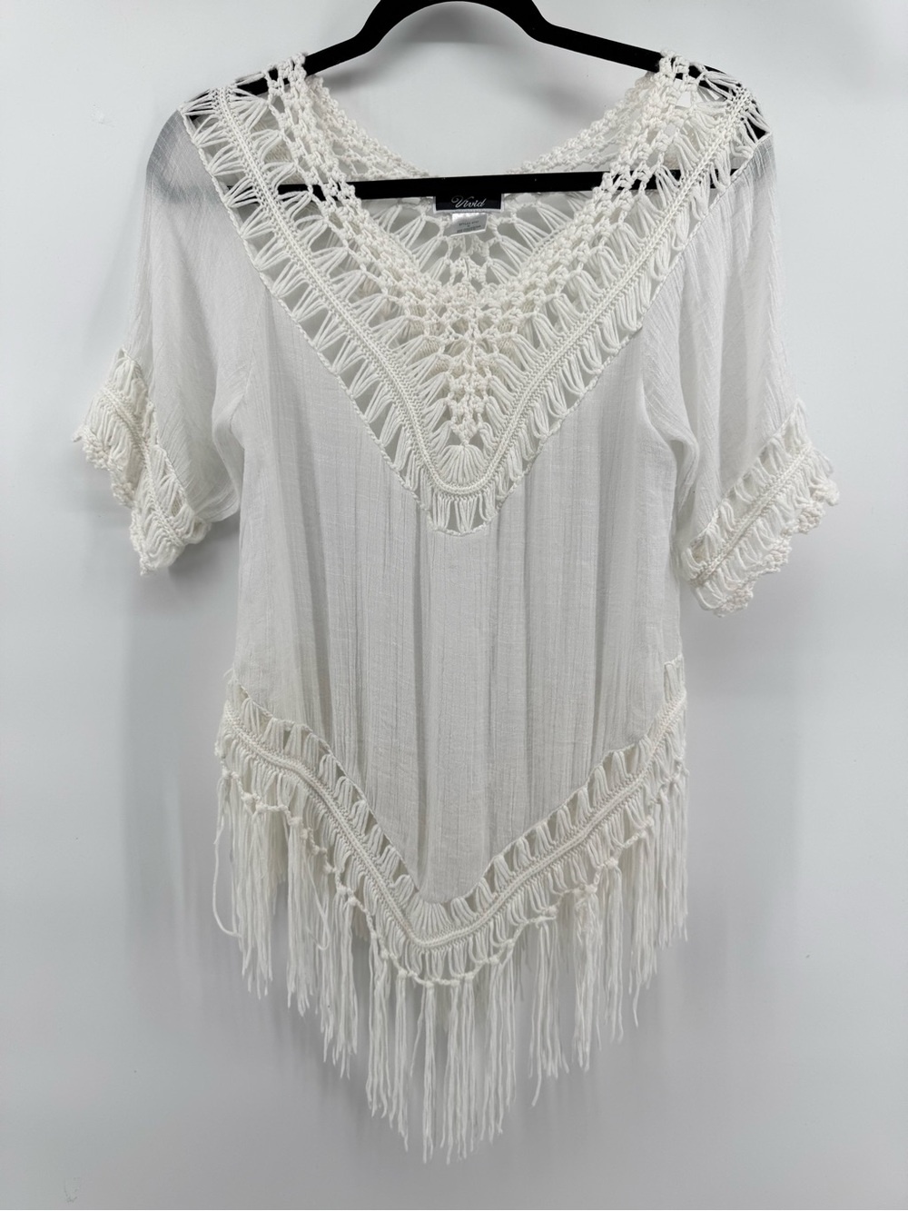 Vivid Ivory Crochet Fringe Tunic Top Women's Size Medium Festival, Coverup, Boho